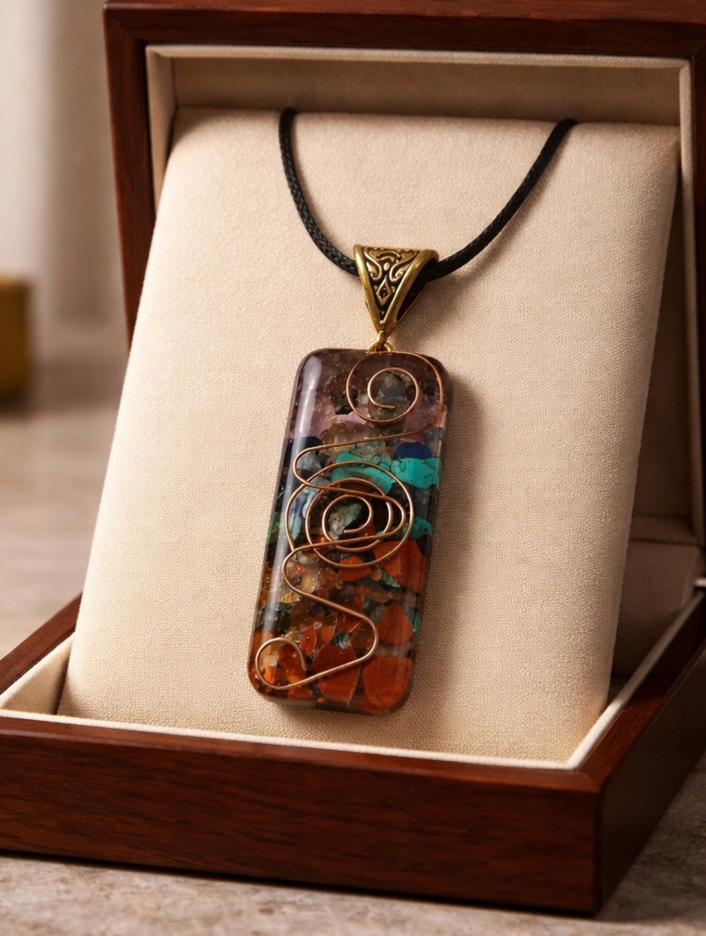 Source Unknown Multicolor Resin Pendant Necklace with Gold Wire